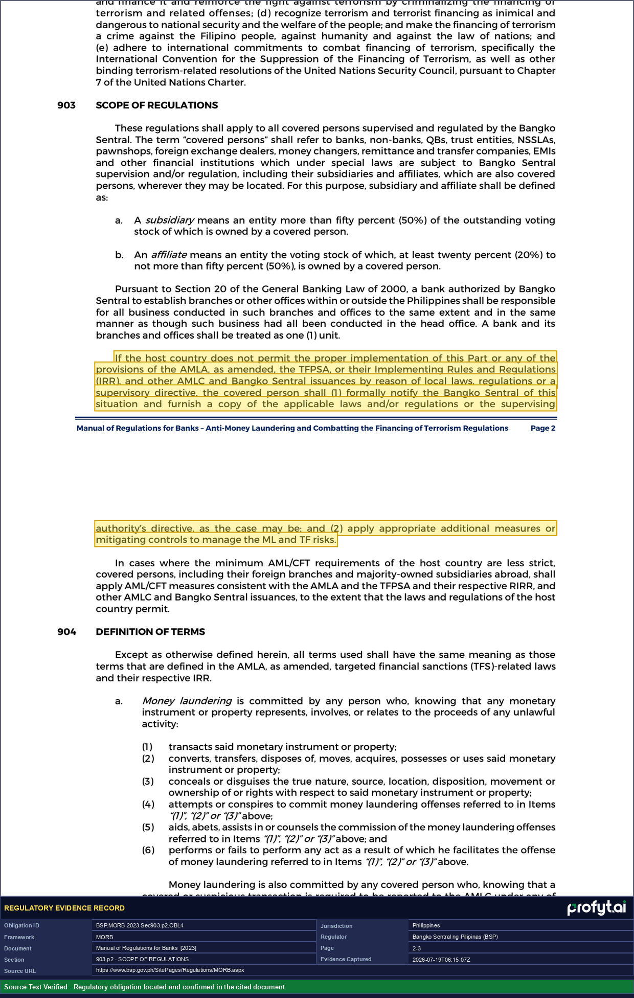 Evidence capture for BSP.MORB.2023.Sec903.p2.OBL4: MORB, Sec. 903, p. 2 (2023 ed.), Manual of Regulations for Banks