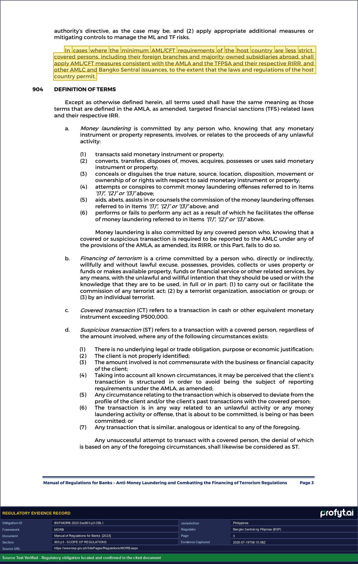 Evidence capture for BSP.MORB.2023.Sec903.p3.OBL1: MORB, Sec. 903, p. 3 (2023 ed.), Manual of Regulations for Banks