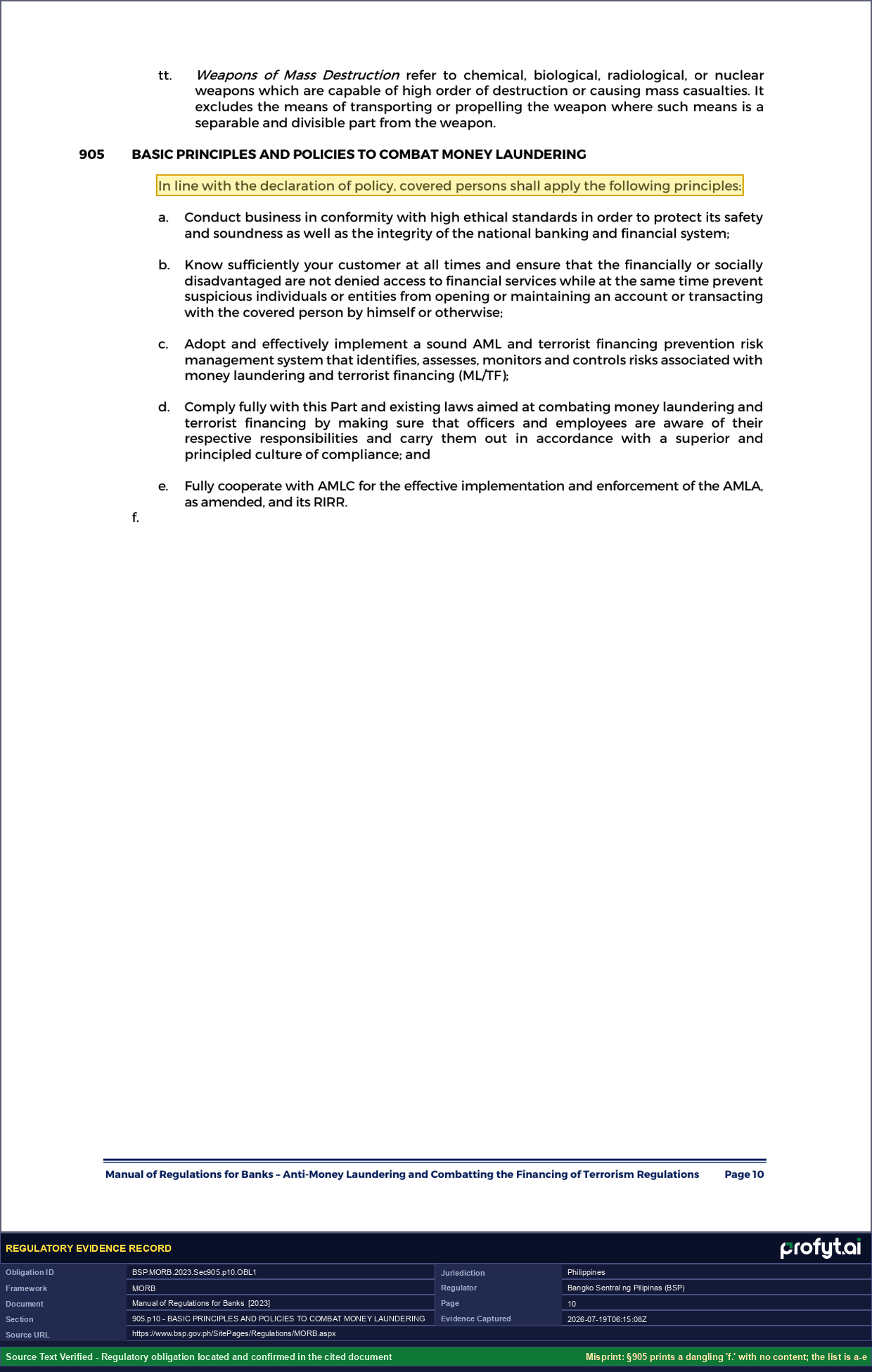 Evidence capture for BSP.MORB.2023.Sec905.p10.OBL1: MORB, Sec. 905, p. 10 (2023 ed.), Manual of Regulations for Banks