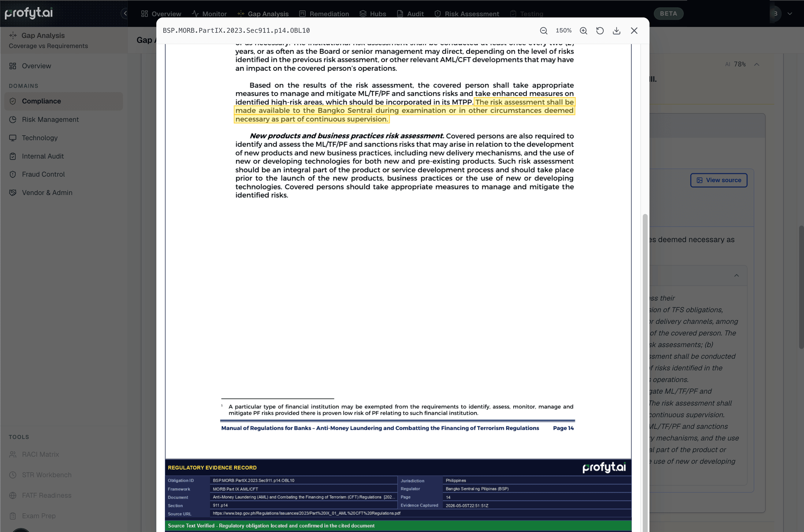 Regulatory evidence: the verbatim BSP MORB source text behind the obligation, anchored to its page