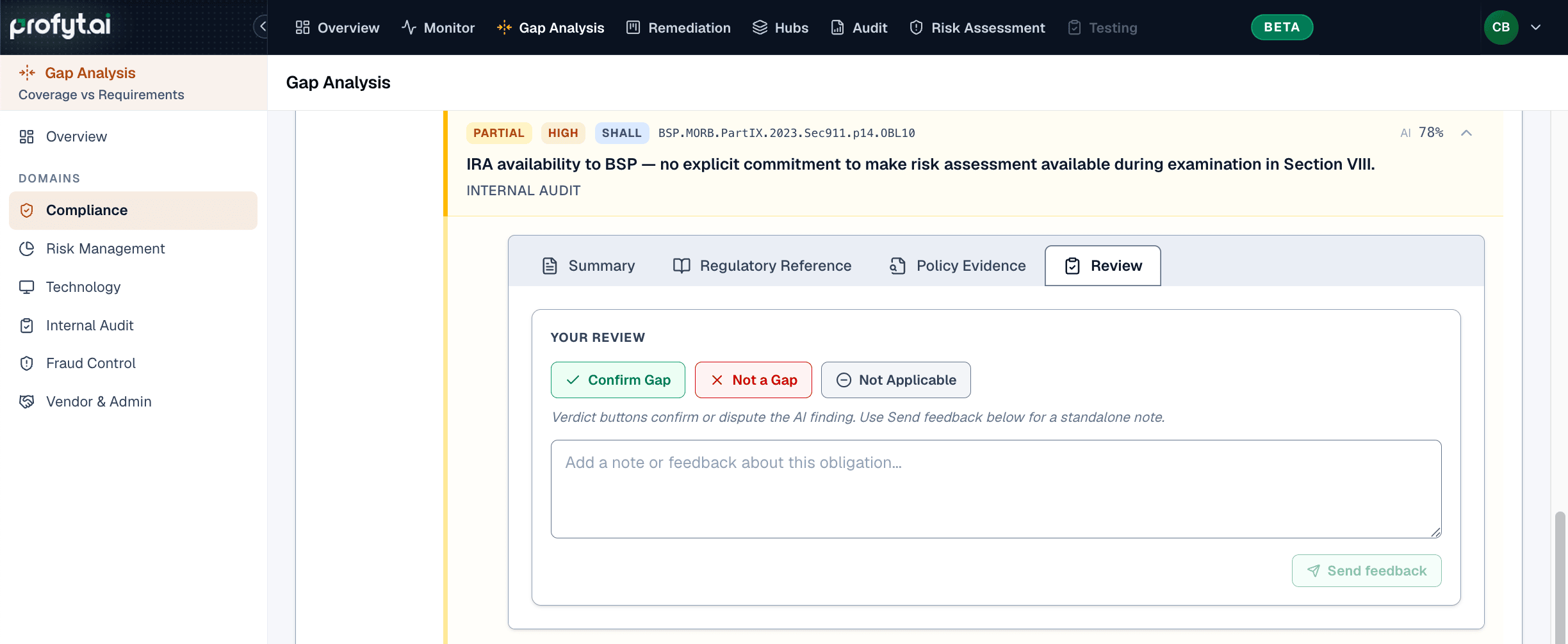 Review tab with confirm, not a gap, or not applicable
