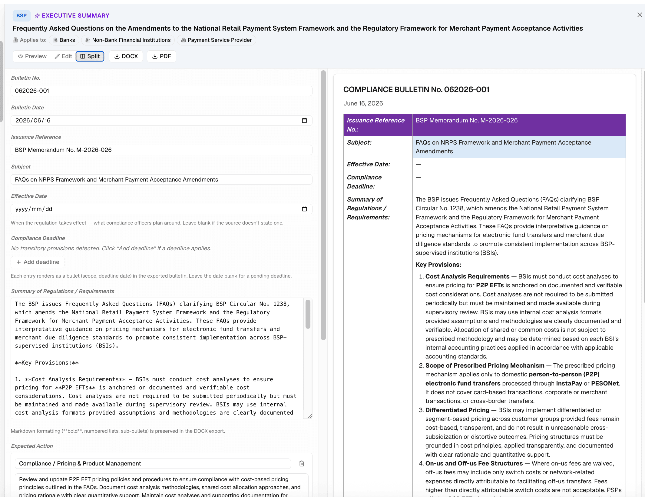 An issuance turned into an editable, committee-ready compliance bulletin