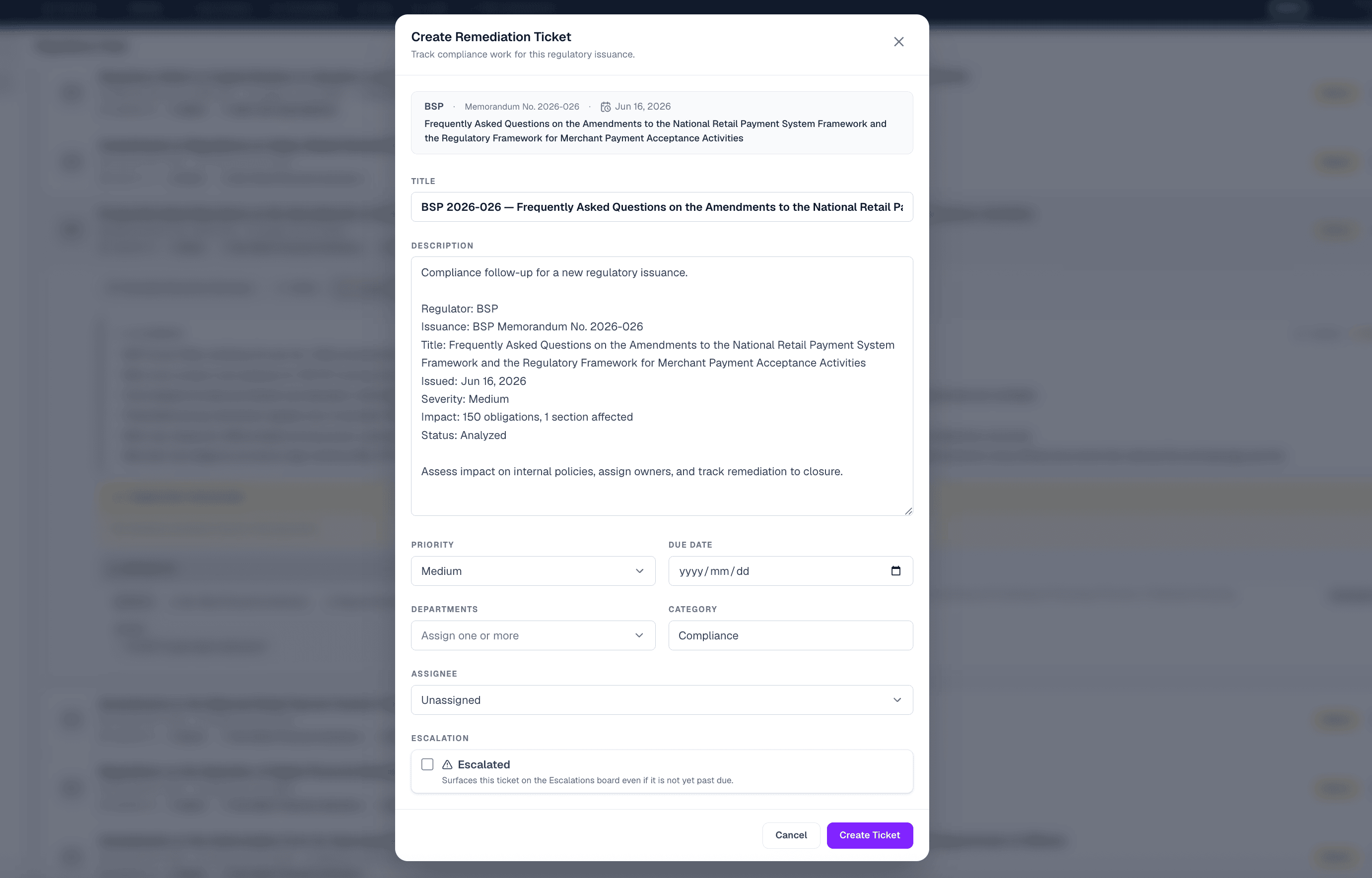 Remediation ticket pre-filled from an issuance