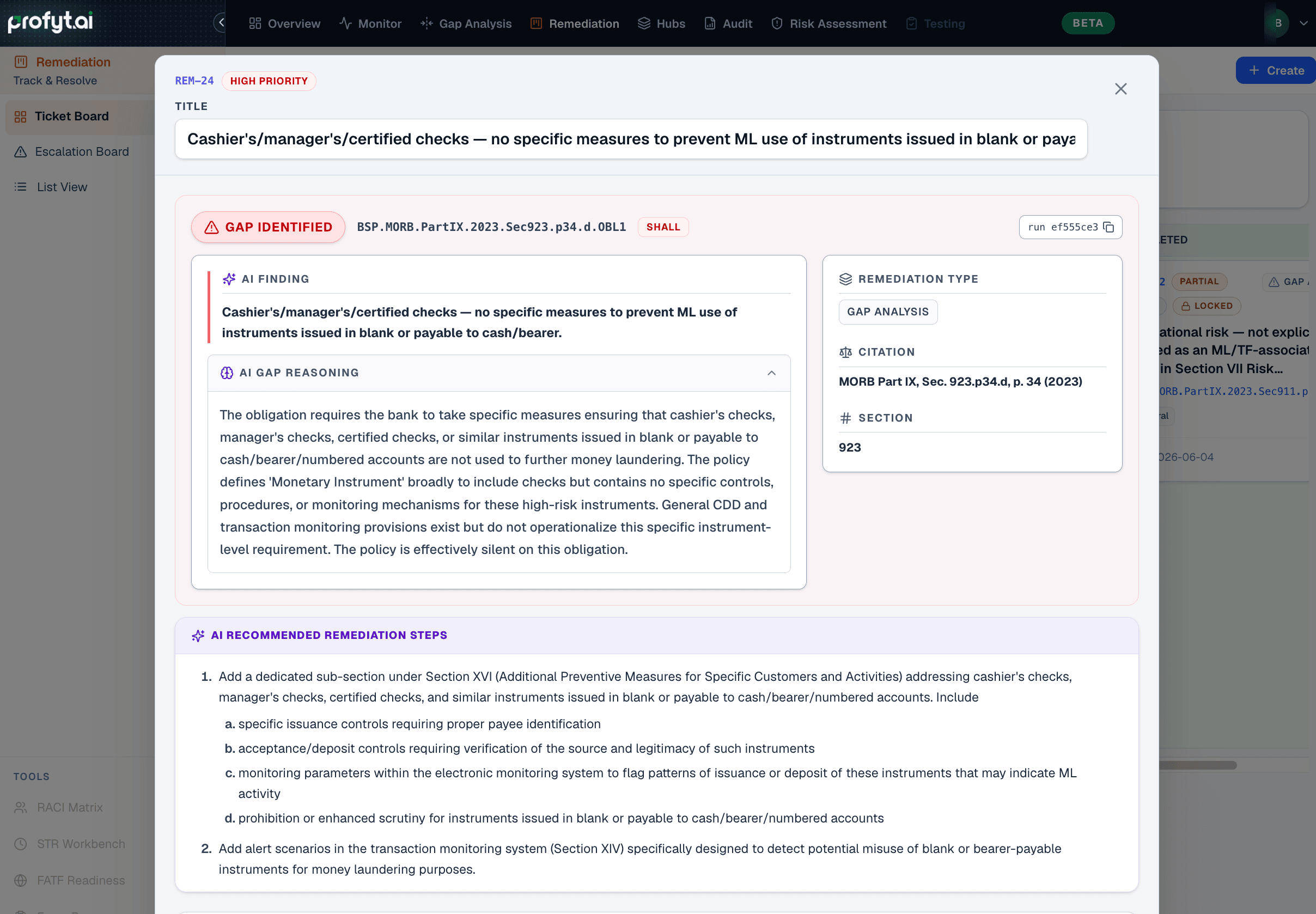 Ticket detail with finding and recommended steps